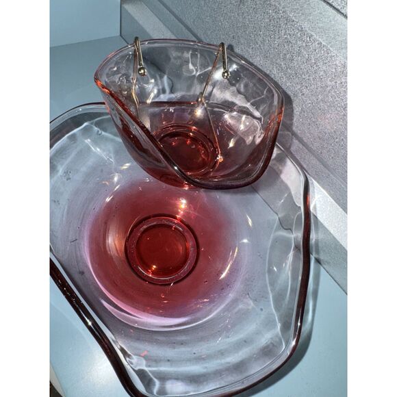 Vintage Indiana Glass Cranberry Chip & Dip Bowl Set w/ Metal Bracket Mid Century - Picture 6 of 11